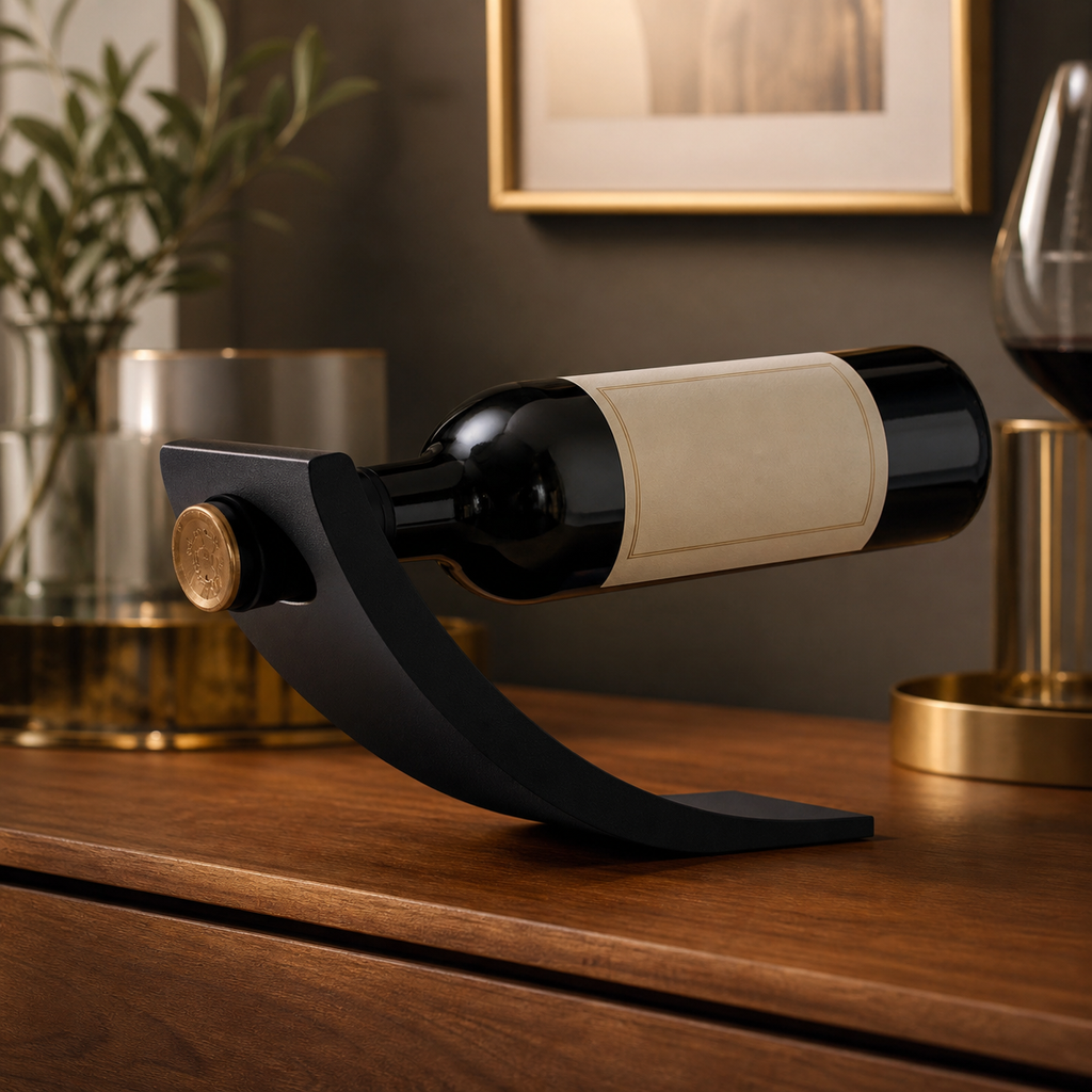 Suporte Cinético para Garrafa de Vinho — Equilibra, Balança e Impressiona