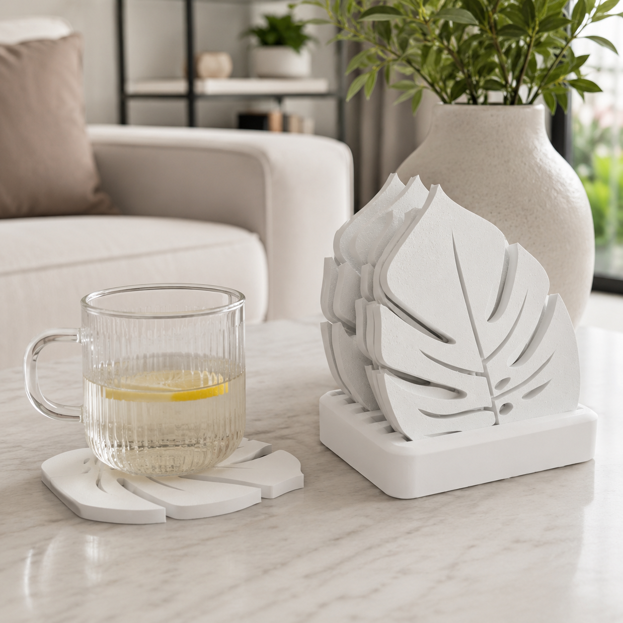 Kit Descanso de Copo Monstera — Folha Tropical com Suporte Organizador