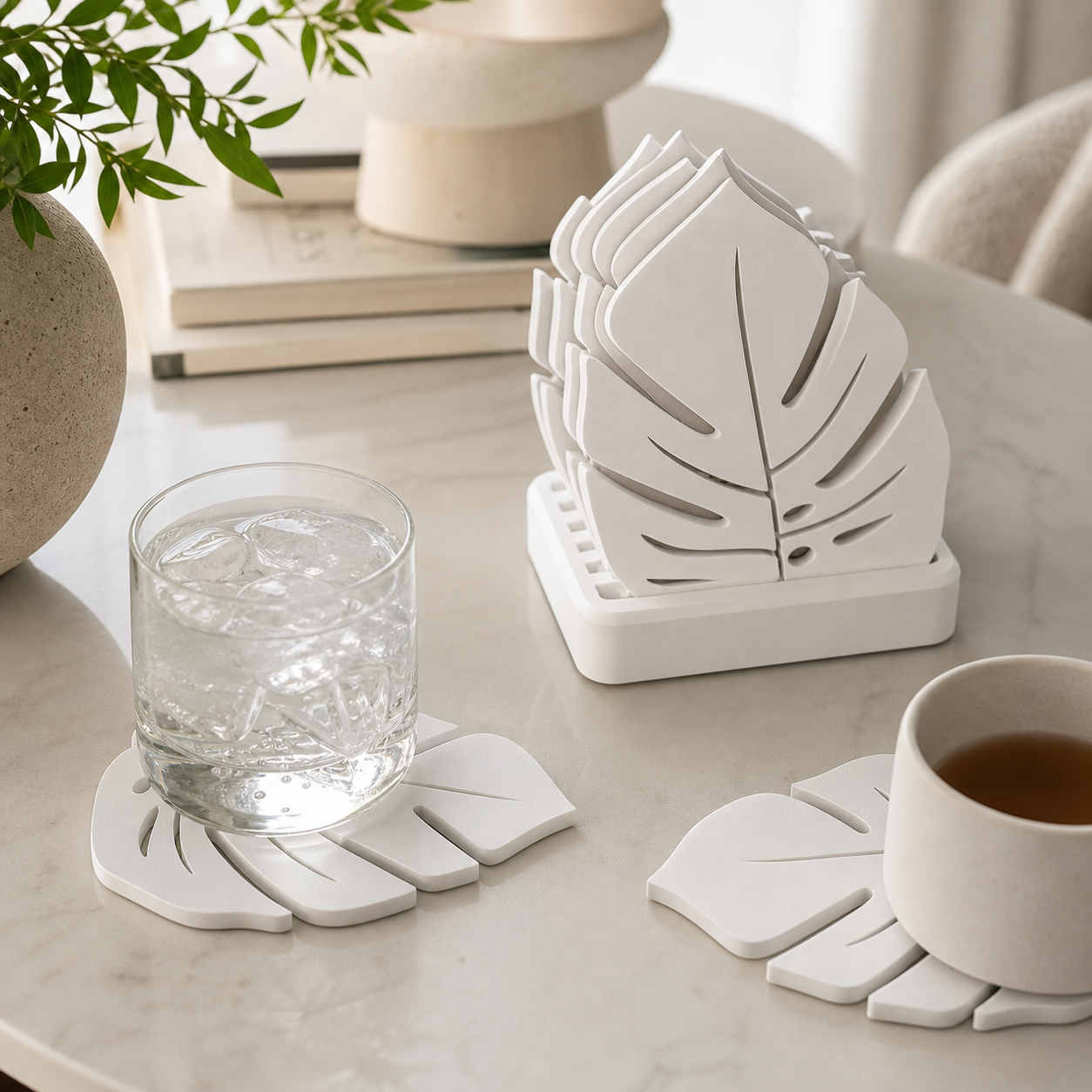 Kit Descanso de Copo Monstera — Folha Tropical com Suporte Organizador