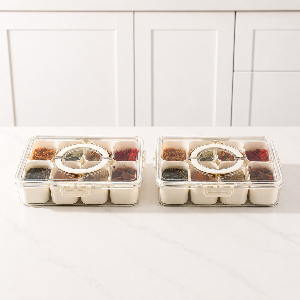 Organizador de Alimentos em Acrílico com 8 Divisórias – Transparente, Hermético e Multiuso